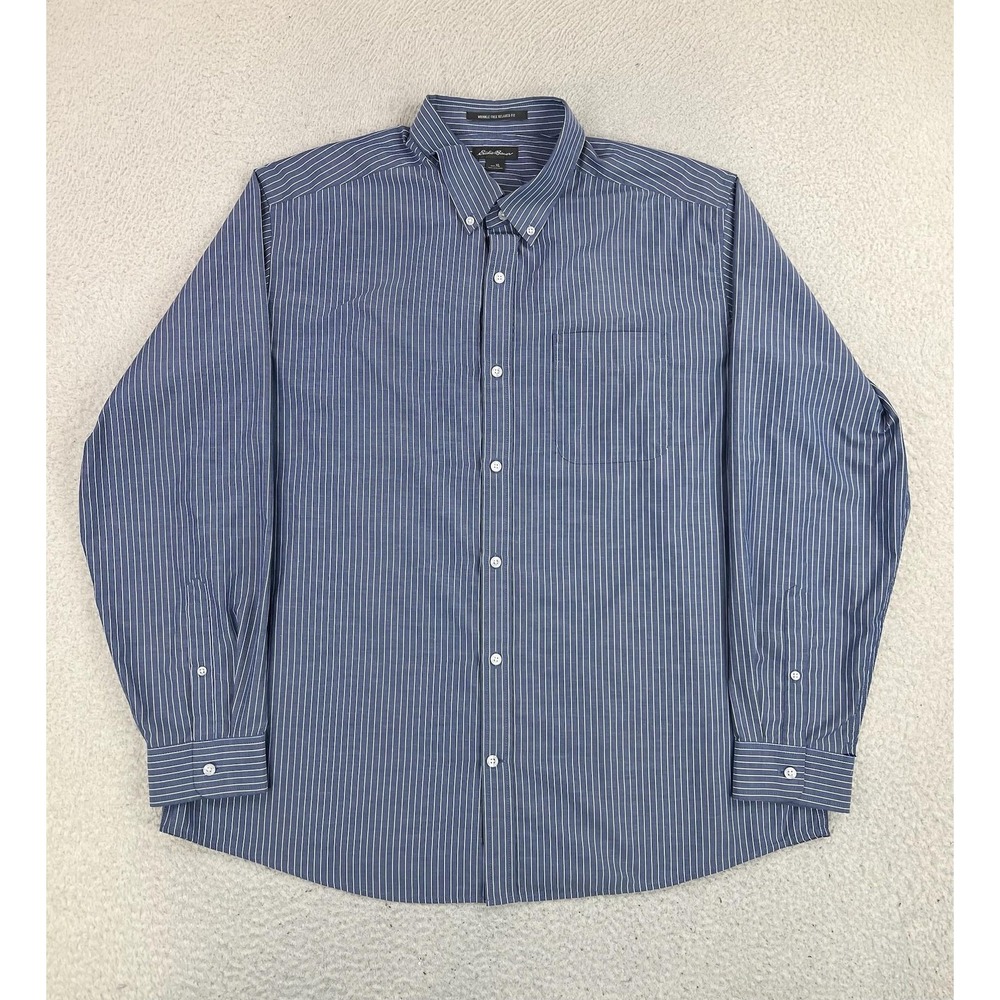 Eddie Bauer Dress Shirt Mens XL Blue Stripe Wrinkle Free Relaxed Fit Cotton LS